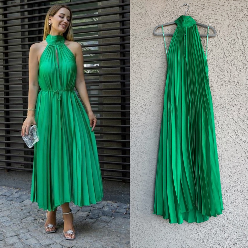 MANGO NWT BLOGGER FAVE Green Pleated Tie Neck Halter Midi Dress Sz 8 - Picture 4 of 17